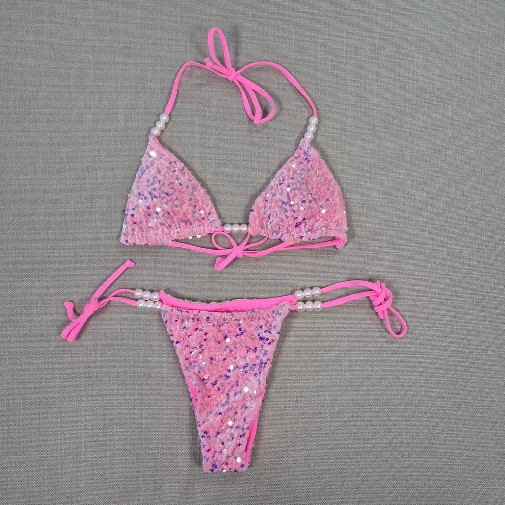 Pink Sequin Pearl Beaded Bikini Set Sexy Two Piece Swimsuit Women Size Small